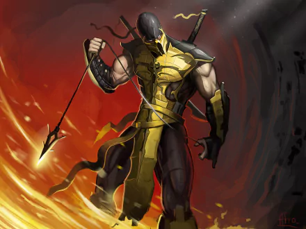 Scorpion from Mortal Kombat stands ready in a fiery backdrop, wielding a spear, depicted in 4K Ultra HD as a powerful video game warrior.