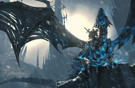 HD desktop wallpaper featuring a warrior riding a dragon in the World of Warcraft: Wrath of the Lich King video game backdrop.