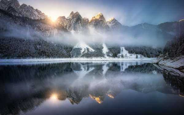 Earth Lake Lakes Austria Gosausee Mountain Alps Fog Reflection Forest Winter HD Wallpaper | Background Image