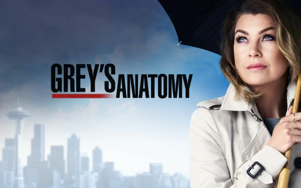 HD PC desktop wallpaper featuring a scene from the TV show Grey's Anatomy with a close-up of a character holding an umbrella against a city skyline background.