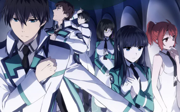 HD anime wallpaper featuring main characters from The Irregular at Magic High School in their distinctive uniforms, set against a dark, mysterious background.