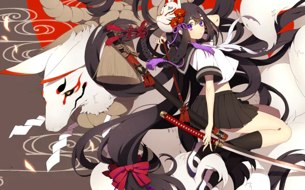 Anime-style HD desktop wallpaper featuring a masked character in a school uniform with long hair and purple eyes, wielding a katana, accompanied by a beast in a vibrant, dynamic scene.