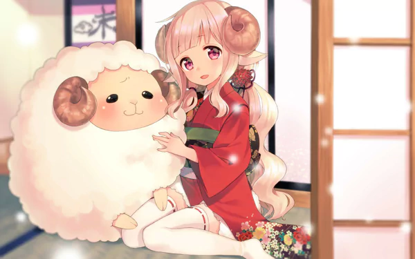 Anime-style HD desktop wallpaper featuring a girl with pink hair and eyes in a yukata, sitting beside a fluffy sheep with curled horns in a traditional Japanese room.