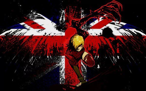 HD wallpaper featuring Seras Victoria from the anime Hellsing, set against a bold backdrop of the UK flag with striking red and black elements, capturing a vampire theme.