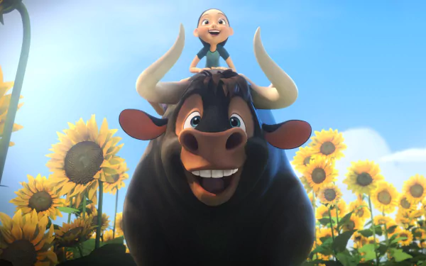 HD desktop wallpaper of Ferdinand the bull from the movie Ferdinand grinning in a sunflower field, a small child perched on his head under a bright blue sky.