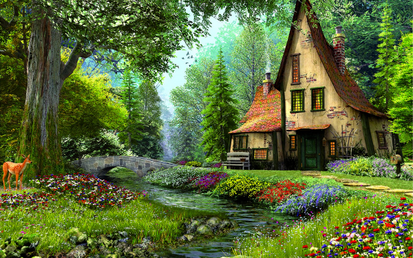Artistic Painting House Fairy Tale Magical Flower Tree Spring Deer Bridge River HD Wallpaper | Background Image