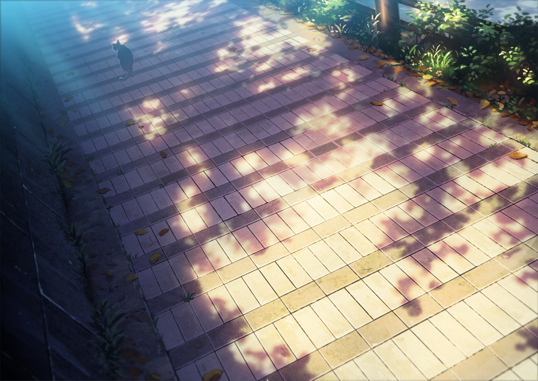 HD anime-style PC wallpaper showing a sunlit tiled path edged with bushes and plants, dappled shadows across the tiles and a small anime cat silhouette crossing the scene.