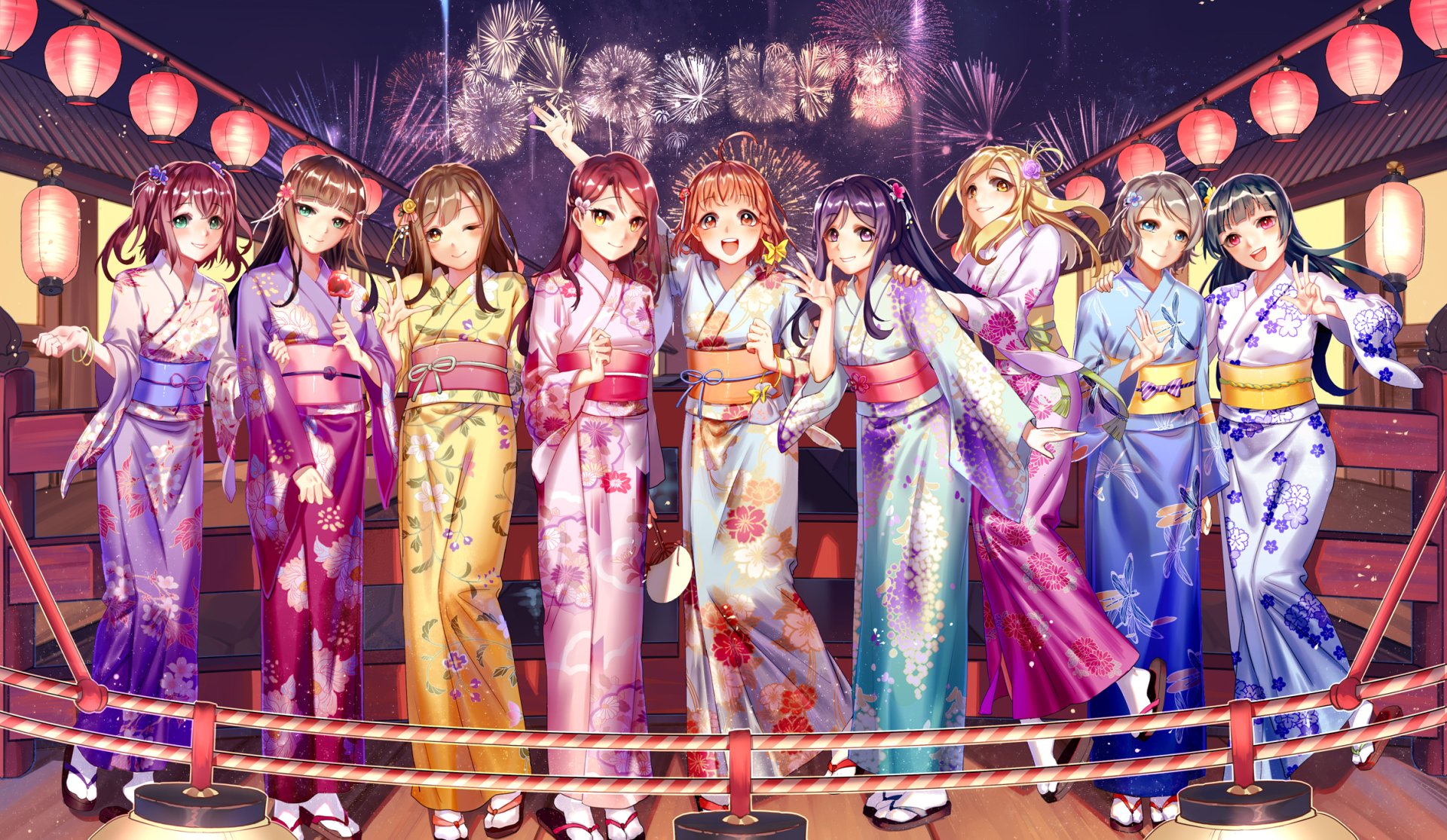 HD PC desktop wallpaper featuring Chika Takami, Riko Sakurauchi, Hanamaru Kunikida, You Watanabe, Kanan Matsuura, Mari Ohara, Ruby Kurosawa, Dia Kurosawa, and Yoshiko Tsushima from Love Live! Sunshine!! in colorful yukatas.