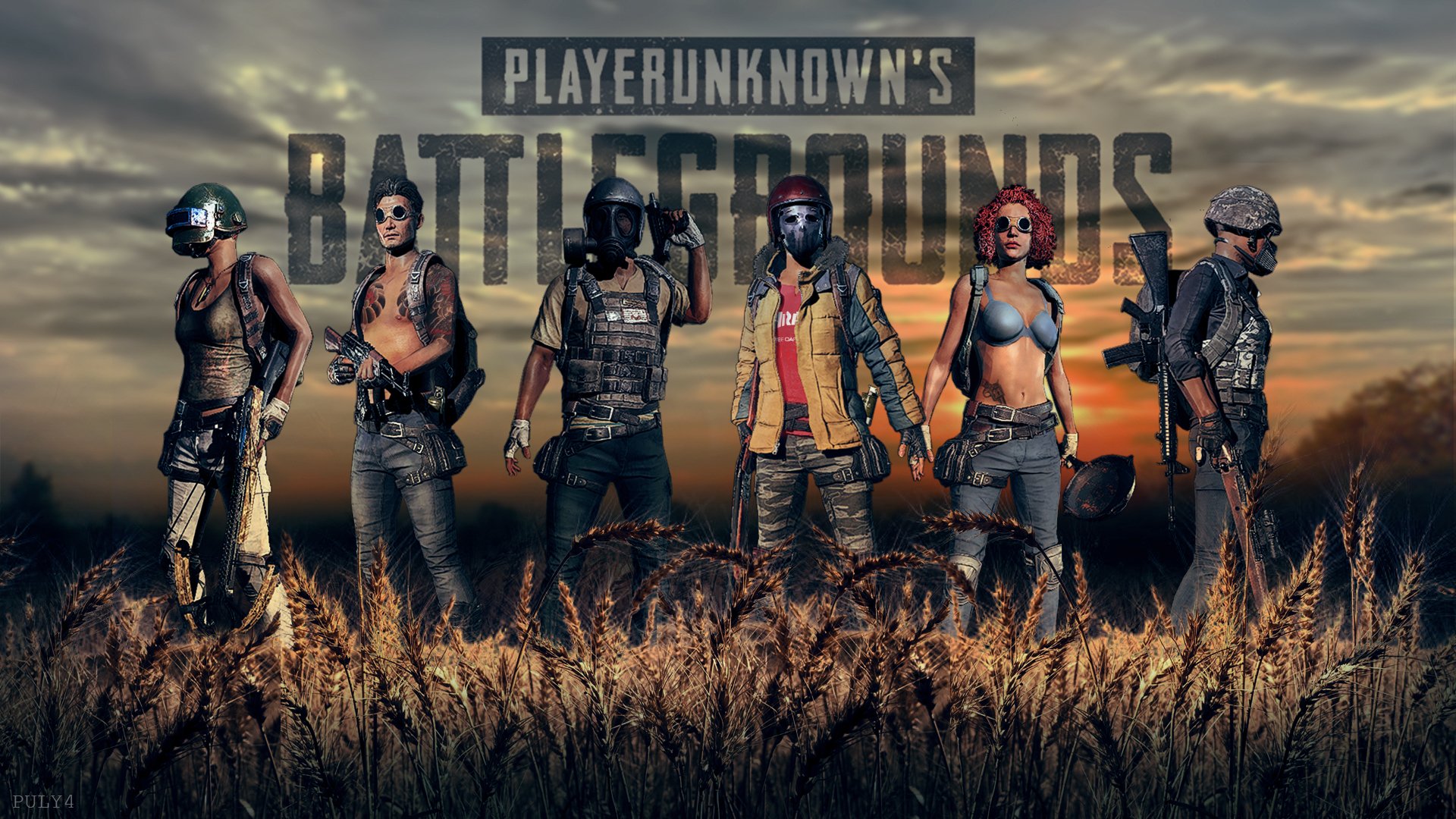 HD desktop wallpaper featuring characters from the video game Playerunknown's Battlegrounds standing in a field at dusk, with the game title prominently displayed in the background.