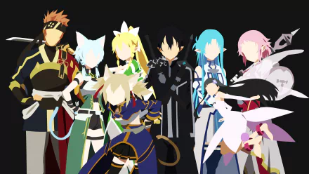 HD desktop wallpaper featuring characters from Sword Art Online: Yui, Asuna Yuuki, Kirito, Lisbeth, Leafa, Silica, Sinon, and Klein. The characters are depicted in a minimalist style.