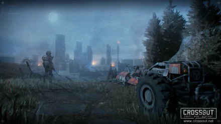 HD PC desktop wallpaper from the video game Crossout: foggy post-apocalyptic landscape with an armored buggy at right, lone figure and ruined city skyline under a pale moon.