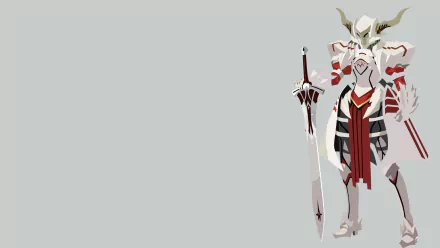 Minimalist HD wallpaper of Saber of Red, Mordred from Fate/Apocrypha. The anime character stands in armor and helmet, wielding a weapon, against a plain background.