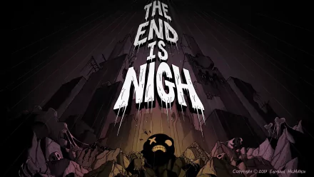 HD desktop wallpaper with The End Is Nigh text towering over a gloomy, apocalyptic landscape with ominous figures.