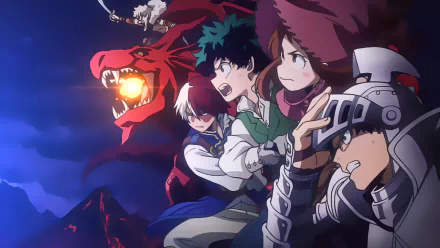 HD desktop wallpaper featuring characters Tenya Iida, Ochaco Uraraka, Izuku Midoriya, Shoto Todoroki, and Katsuki Bakugou from My Hero Academia, engaged in an epic scene with a fierce, fire-breathing dragon.