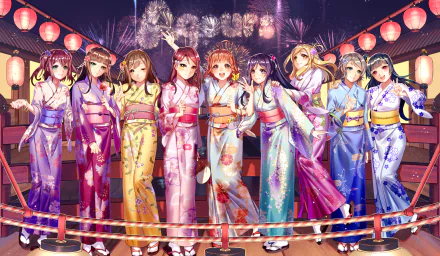 HD PC desktop wallpaper featuring Chika Takami, Riko Sakurauchi, Hanamaru Kunikida, You Watanabe, Kanan Matsuura, Mari Ohara, Ruby Kurosawa, Dia Kurosawa, and Yoshiko Tsushima from Love Live! Sunshine!! in colorful yukatas.