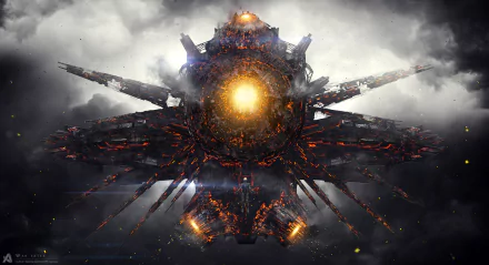 HD sci-fi desktop wallpaper featuring a massive, futuristic spaceship with glowing core and fiery details set against a dramatic cloudy sky background.