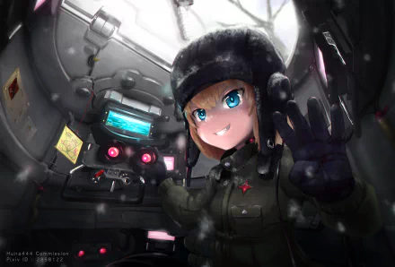HD desktop wallpaper featuring Katyusha from the anime Girls und Panzer, depicted in a tank interior with a confident expression and waving hand gesture.