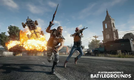 HD desktop wallpaper of Playerunknown's Battlegrounds featuring two armed characters running from an explosion with a vehicle airborne in the background, in a bustling urban setting.