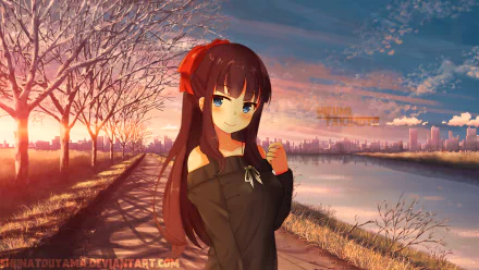 HD wallpaper featuring Hifumi Takimoto from the anime New Game! She stands beside a riverbank at sunset, with a cityscape and bare trees in the background.