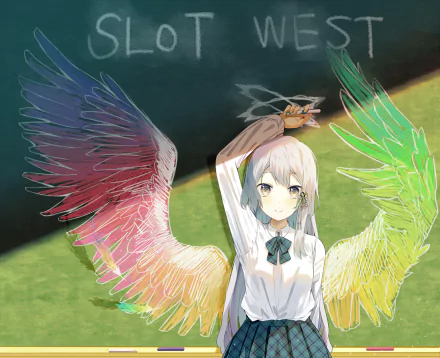 Anime-style character with white hair, grey eyes, and colorful wings wearing a school uniform stands against a chalkboard in this HD PC desktop wallpaper.
