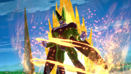 HD desktop wallpaper and background featuring Cell from the video game Dragon Ball FighterZ, showcasing an intense and vibrant energy aura.