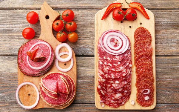 salami tomato still life food meat HD Desktop Wallpaper | Background Image