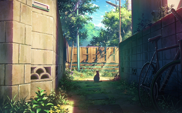 Anime Original Gato Sunlight Bush Flor Shadow Árbol Bicicleta Fondo de pantalla HD | Fondo de Escritorio