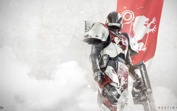 A futuristic warrior from Destiny 2 stands ready with a weapon, set against a misty background and red banner. This HD desktop wallpaper captures the essence of a video game battle scene.