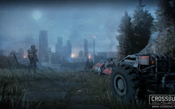HD PC desktop wallpaper from the video game Crossout: foggy post-apocalyptic landscape with an armored buggy at right, lone figure and ruined city skyline under a pale moon.
