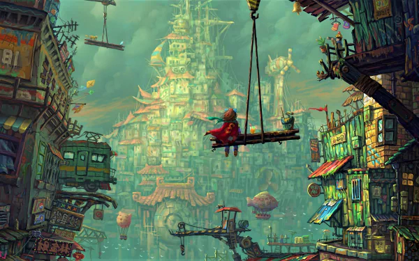 HD fantasy cityscape wallpaper featuring a little girl in a red dress sitting on a suspended platform amidst whimsical, colorful buildings.