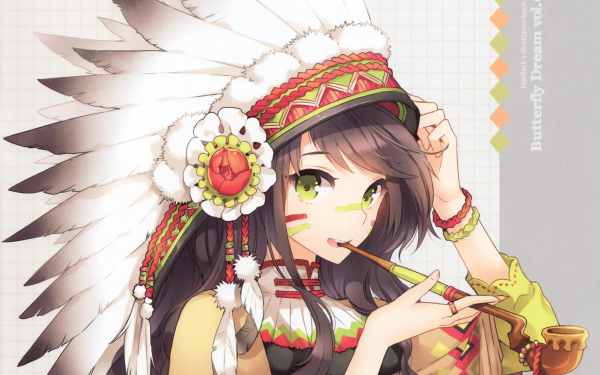 Anime Original Headdress Pipe Long Hair Brown Hair Green Eyes Feather Smile Flower HD Wallpaper | Background Image