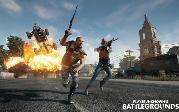 HD desktop wallpaper of Playerunknown's Battlegrounds featuring two armed characters running from an explosion with a vehicle airborne in the background, in a bustling urban setting.