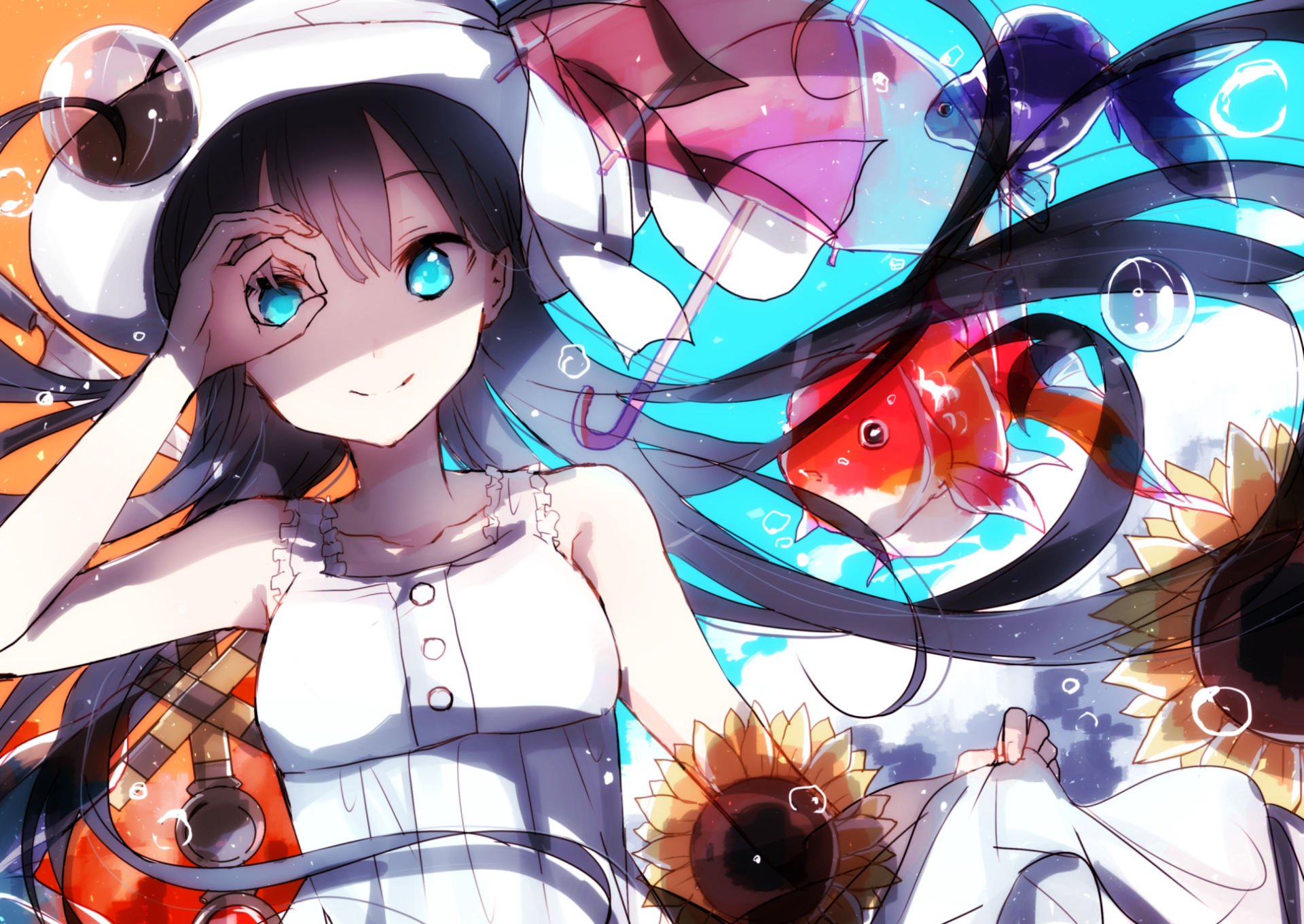 Anime girl with blue hair and bright blue eyes wears a white dress and hat, surrounded by water bubbles, colorful fish, and sunflowers in this vibrant HD desktop wallpaper.