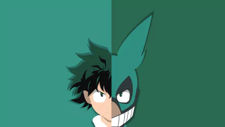 4K Ultra HD PC wallpaper featuring a split design of Izuku Midoriya and his masked alter ego from the anime My Hero Academia.