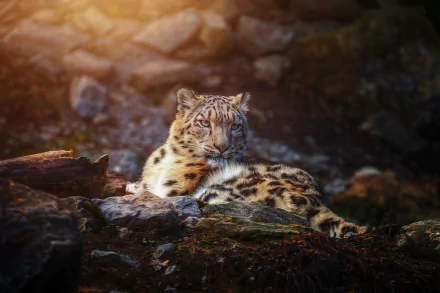 HD wallpaper of a resting snow leopard, surrounded by rocks and bathed in soft sunlight.