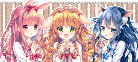 An anime-style HD desktop wallpaper featuring three girls with colorful long hair (pink, orange, blue), wearing dresses and ribbons, with various eye colors (red, green, blue) against a decorative background.