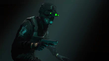 Cloaker from Payday 2 in tactical gear with glowing green night-vision goggles, holding a pistol in a dark, atmospheric 4K Ultra HD video game desktop wallpaper.