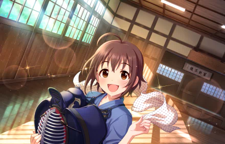 Tamami Wakiyama from THE iDOLM@STER: Cinderella Girls Starlight Stage — cheerful anime portrait in kendo gear, waving a towel in a sunlit wooden dojo. HD PC desktop wallpaper