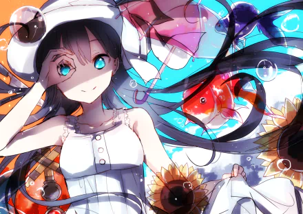 Anime girl with blue hair and bright blue eyes wears a white dress and hat, surrounded by water bubbles, colorful fish, and sunflowers in this vibrant HD desktop wallpaper.