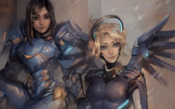 HD desktop wallpaper featuring Pharah and Mercy from Overwatch, with Pharah in blue armor and Mercy with blonde hair and white armor adorned with wings.