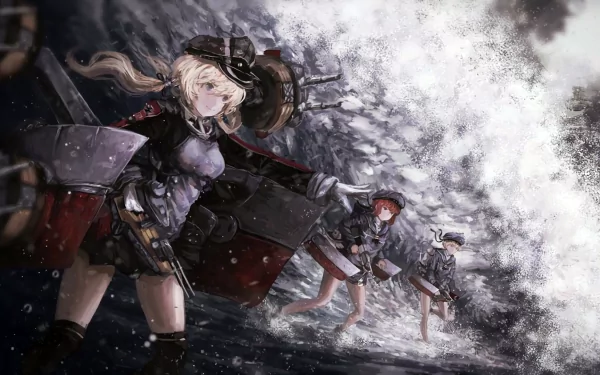 HD anime wallpaper of Z3 Max Schultz, Z1 Leberecht Maass, and Prinz Eugen from Kantai Collection, depicted in dynamic battle-ready poses amid a snowy, stormy backdrop.