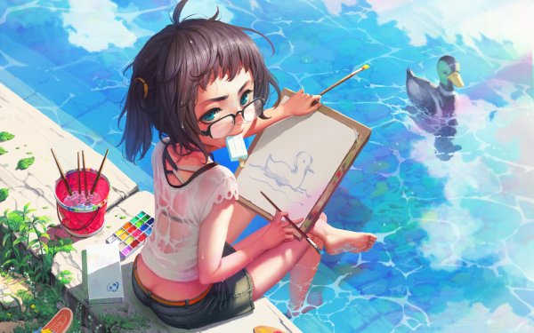 Anime Original Duck Painting Paint Colors Water Sunlight Glass Blue Eyes Ponytail HD Wallpaper | Background Image