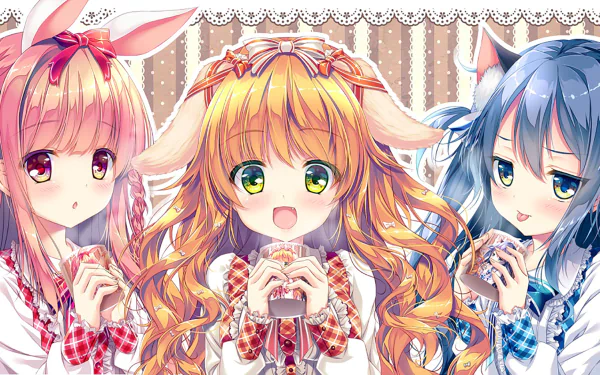 An anime-style HD desktop wallpaper featuring three girls with colorful long hair (pink, orange, blue), wearing dresses and ribbons, with various eye colors (red, green, blue) against a decorative background.