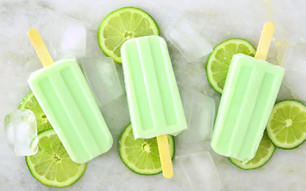 Four lime-flavored ice cream popsicles with ice cubes and lime slices, captured in vibrant 4K Ultra HD detail, creating a refreshing and colorful food-themed desktop wallpaper.