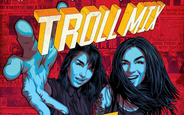 HD PC desktop wallpaper featuring an illustrated duo with TROLL MIX text, vibrant red background, and music theme inspired by Krewella.
