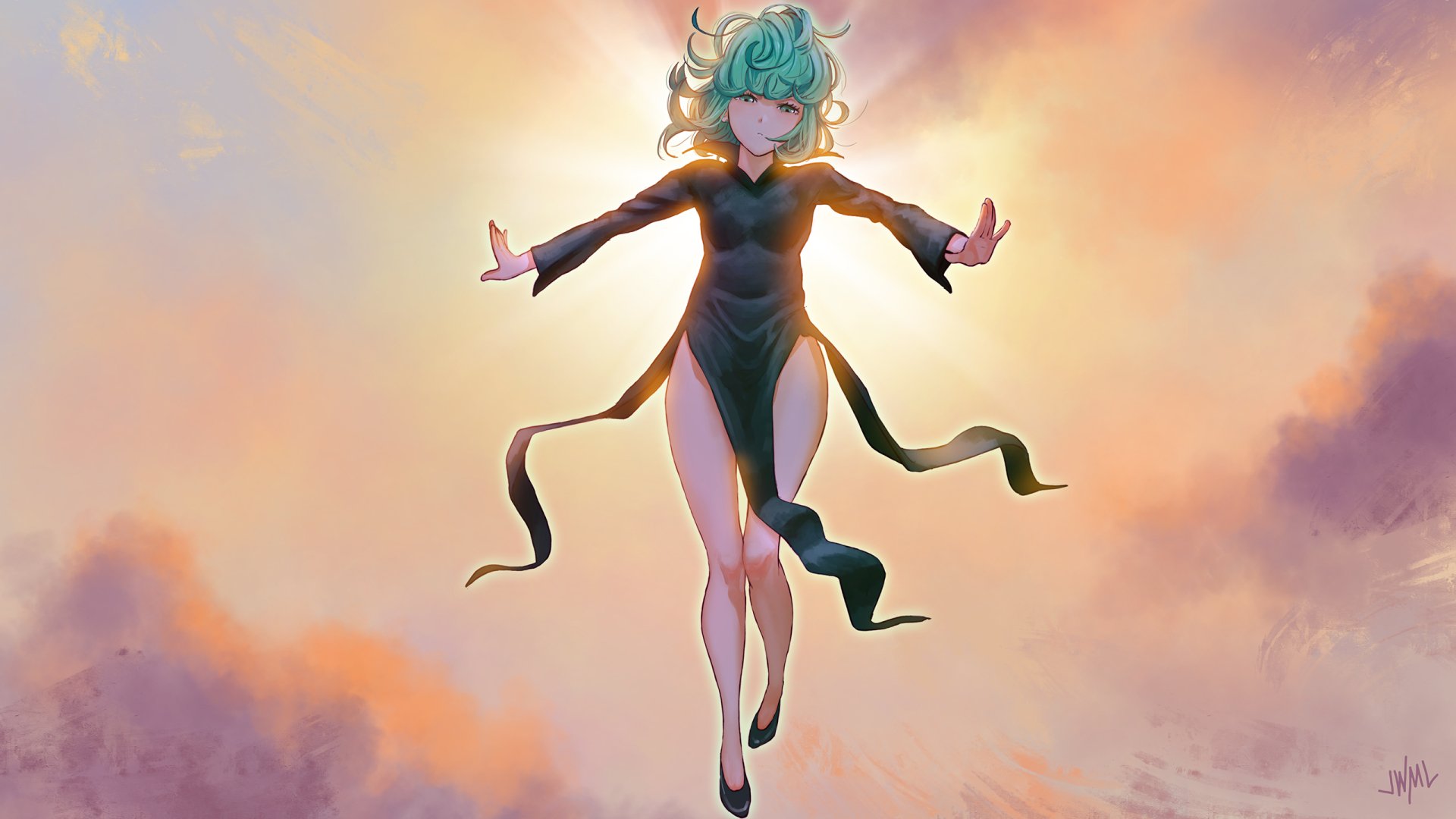 HD PC desktop wallpaper featuring Tatsumaki from the anime One-Punch Man, depicted floating with glowing eyes against a colorful sky background.
