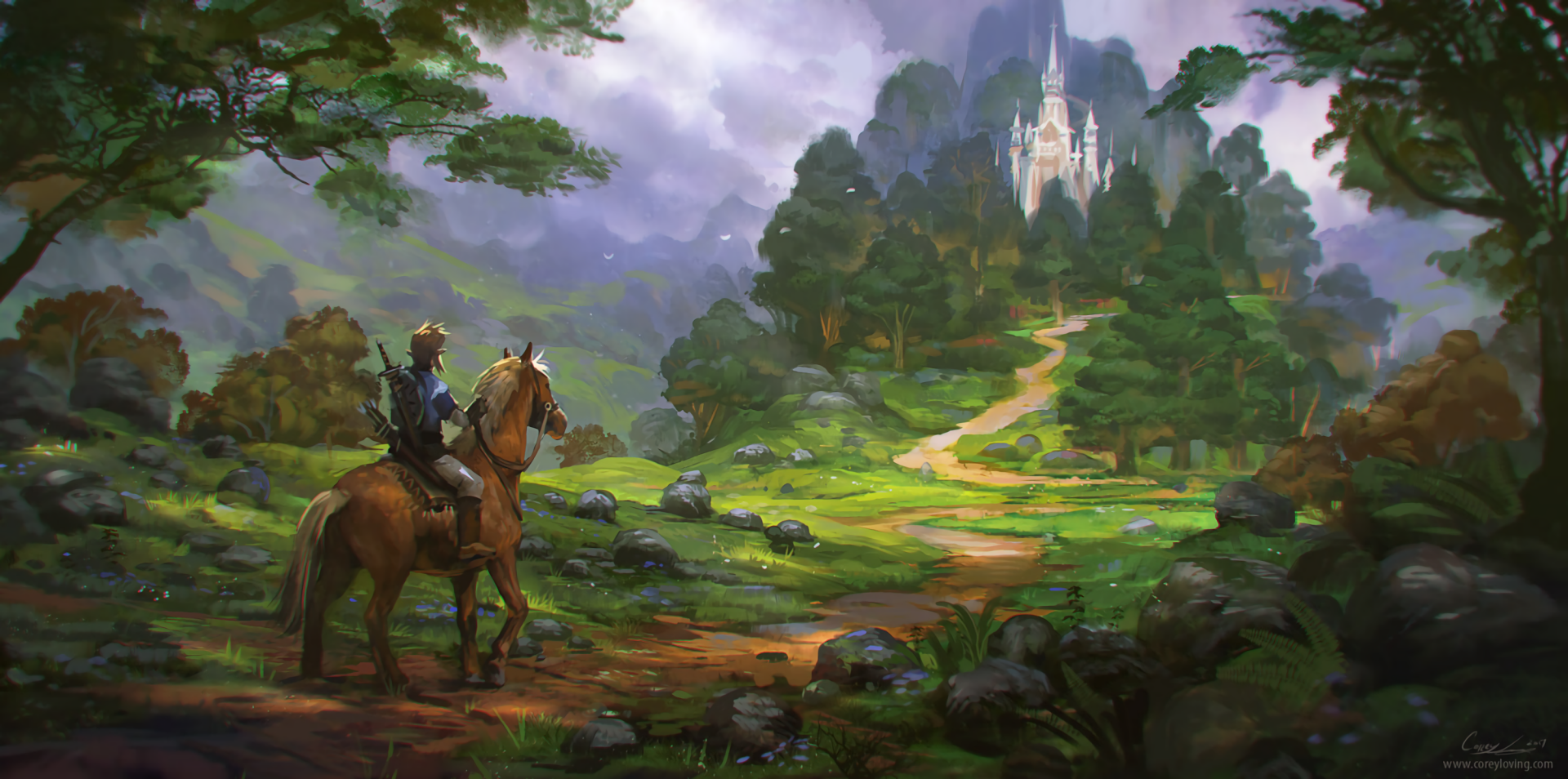 HD desktop wallpaper showcasing Link from The Legend of Zelda: Breath of the Wild riding a horse toward a glowing castle in a lush, vibrant landscape.