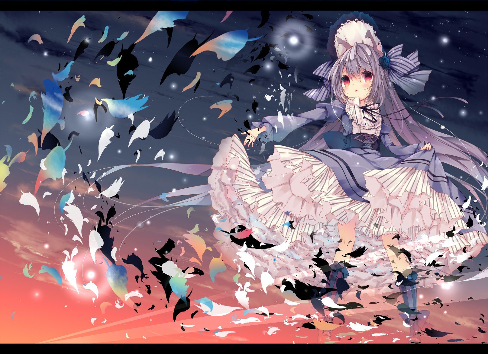 Anime original character with grey hair, red eyes, and animal ears, wearing a feathered hat and a detailed dress, surrounded by swirling petals against a vibrant sky.