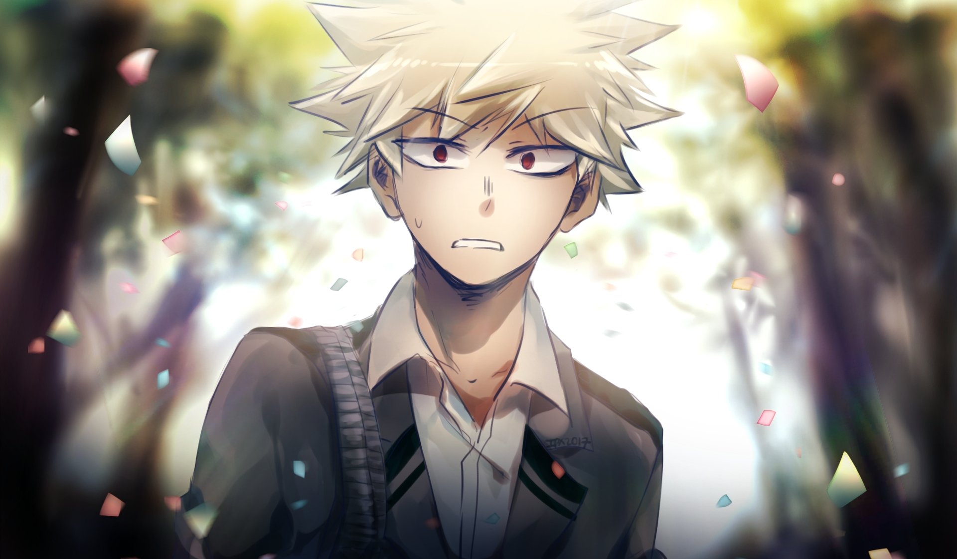 HD PC desktop wallpaper featuring Katsuki Bakugou from the anime My Hero Academia, depicted with a serious expression amid softly falling cherry blossom petals.