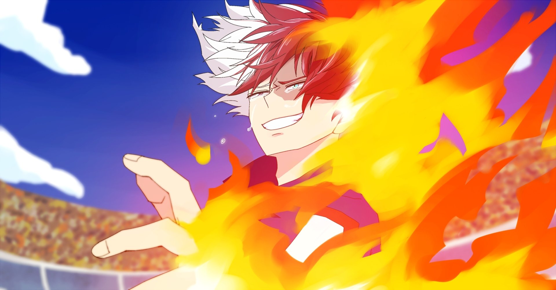 HD PC desktop wallpaper featuring Shoto Todoroki from My Hero Academia, showcasing his fiery and icy powers in vibrant anime style against a clear blue sky.